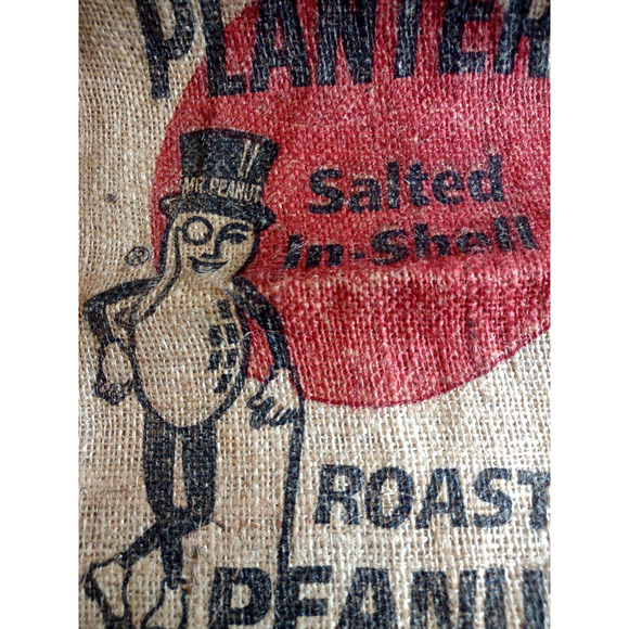 Planters Mr Peanut Vintage Burlap Roasted Nut 5 Pound Bag Sack + Popcorn Holder - Picture 2 of 5